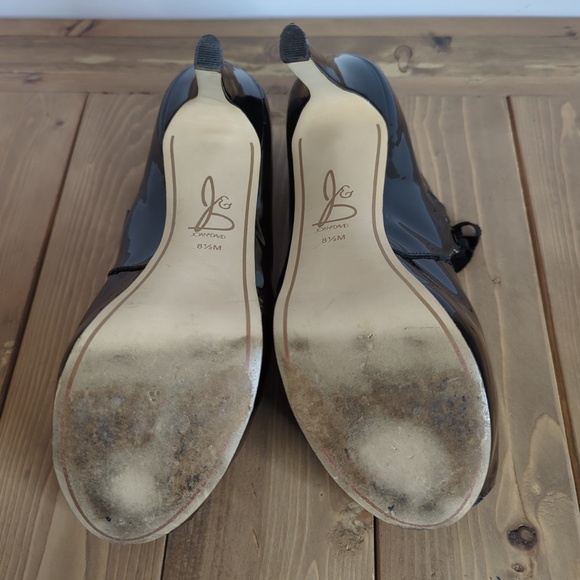 Black Patent Leather Tear Drop Scalloped Edge Open Toe Heels - Picture 11 of 12